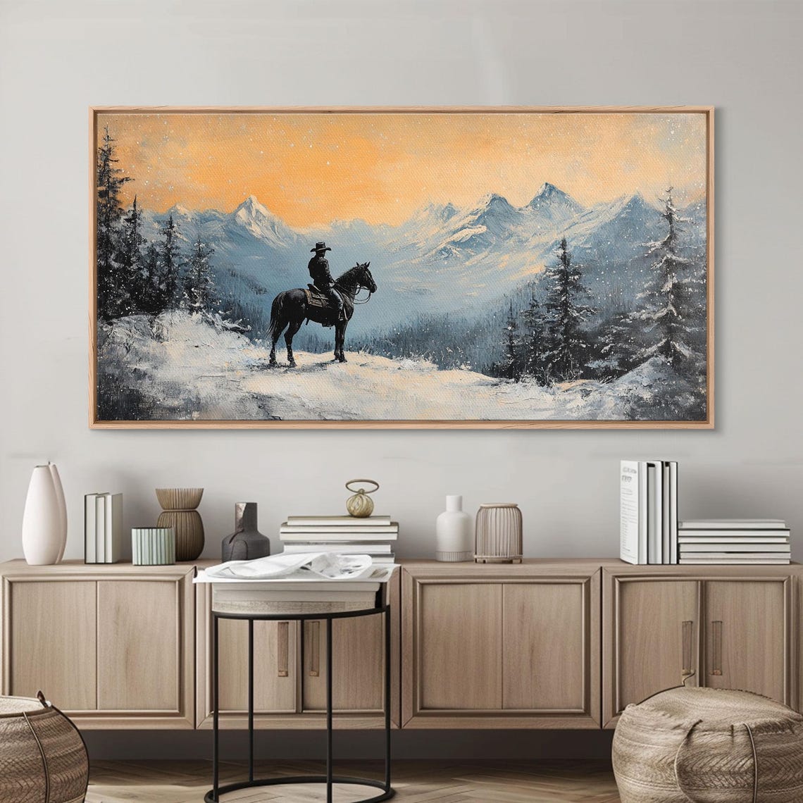 Lone Winter Cowboy On Horseback Snowy Mountain Sunset View Poster - Image 4