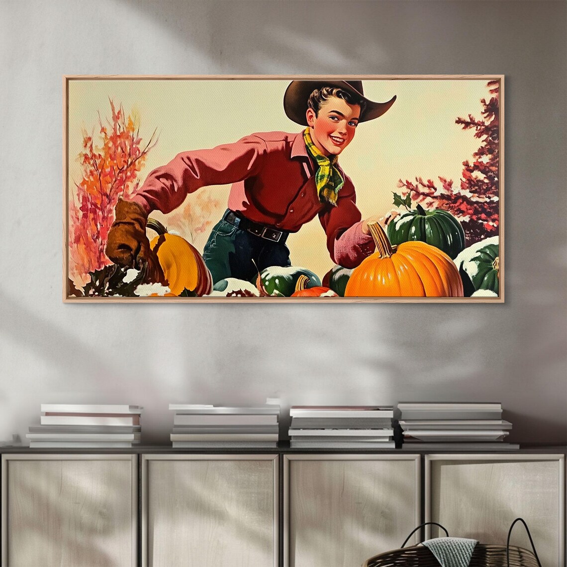 1950s Smiling Cowboy Among Giant Pumpkins With Fall Foliage Vintage Poster - Image 5