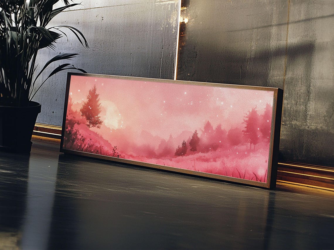 Misty Pink Pine Forest Starry Night Sky Dreamy Landscape Wall Art - Image 3