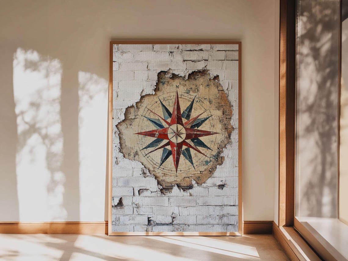 Compass Rose On Weathered Brick Wall Vintage Nautical Decor Art Print - Image 4
