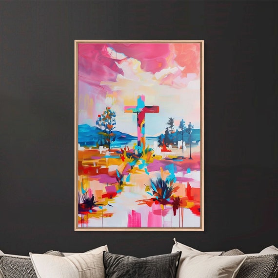 Cross On Vibrant Landscape Framed Print Colorful Western Art Inspirational Wall Art For Living Room Decor