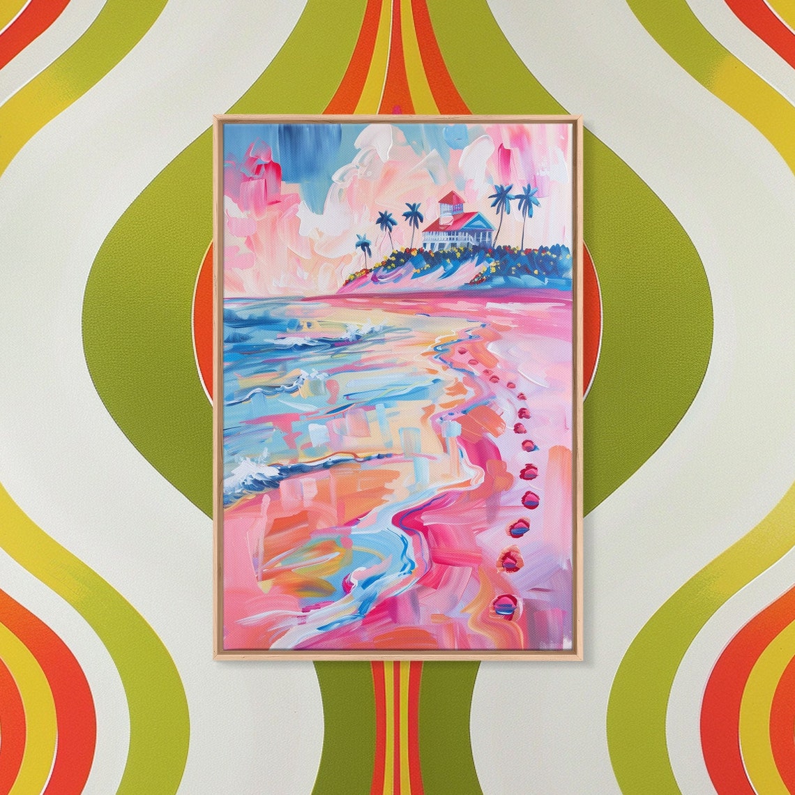 Colorful Tropical Beach Scene With Palm Trees Coastal Art Poster