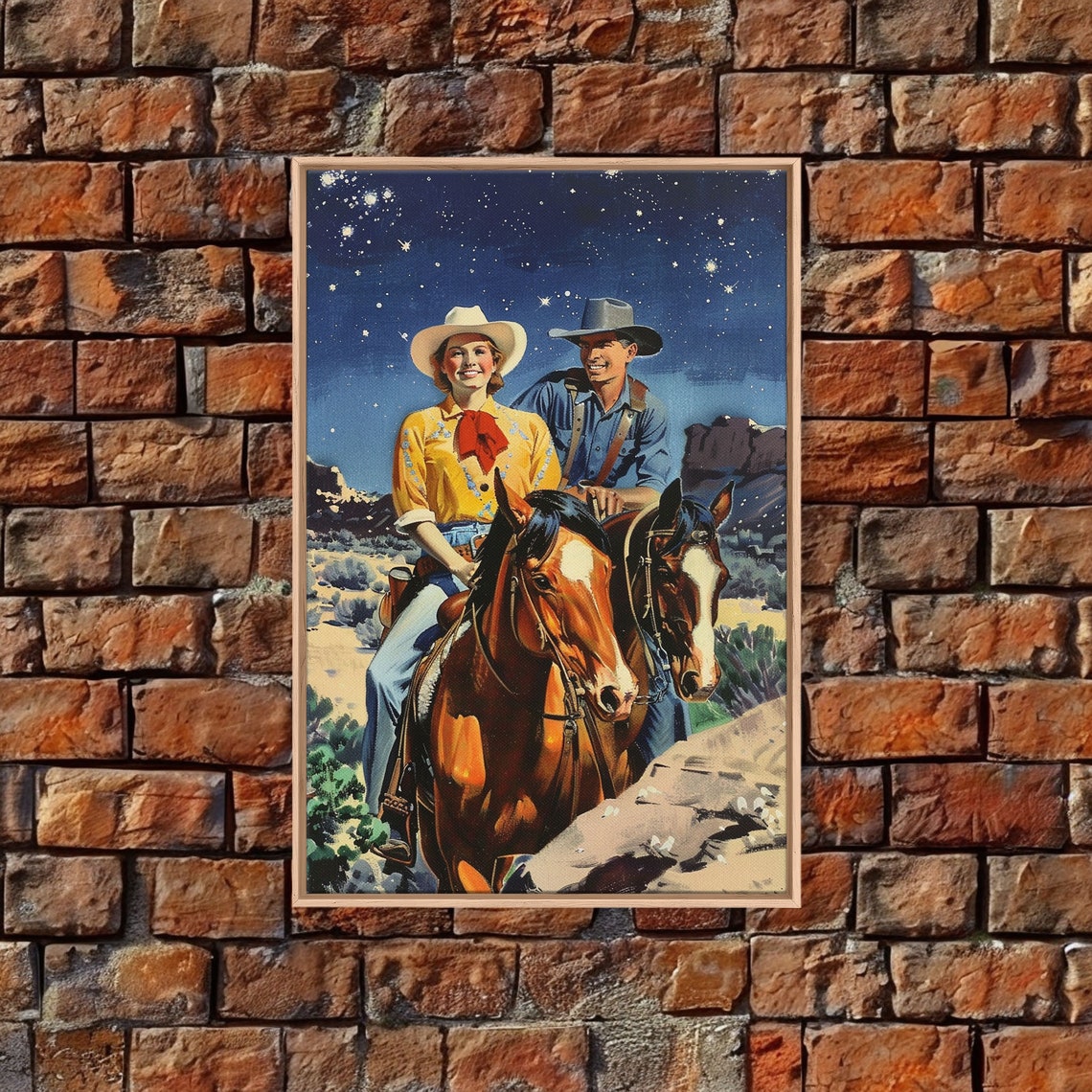 Vintage Western Couple Riding Horses Under Starry Sky Art Poster - Image 3