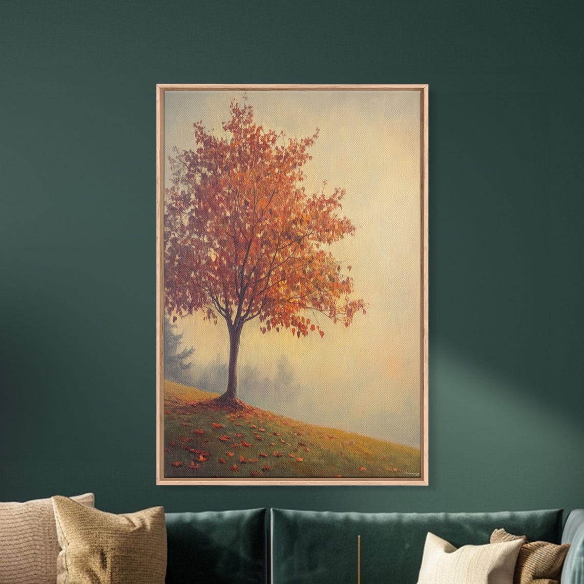 Solitary Fall Tree Orange Leaves Misty Hillside Serene Autumn Wall Art - Image 5