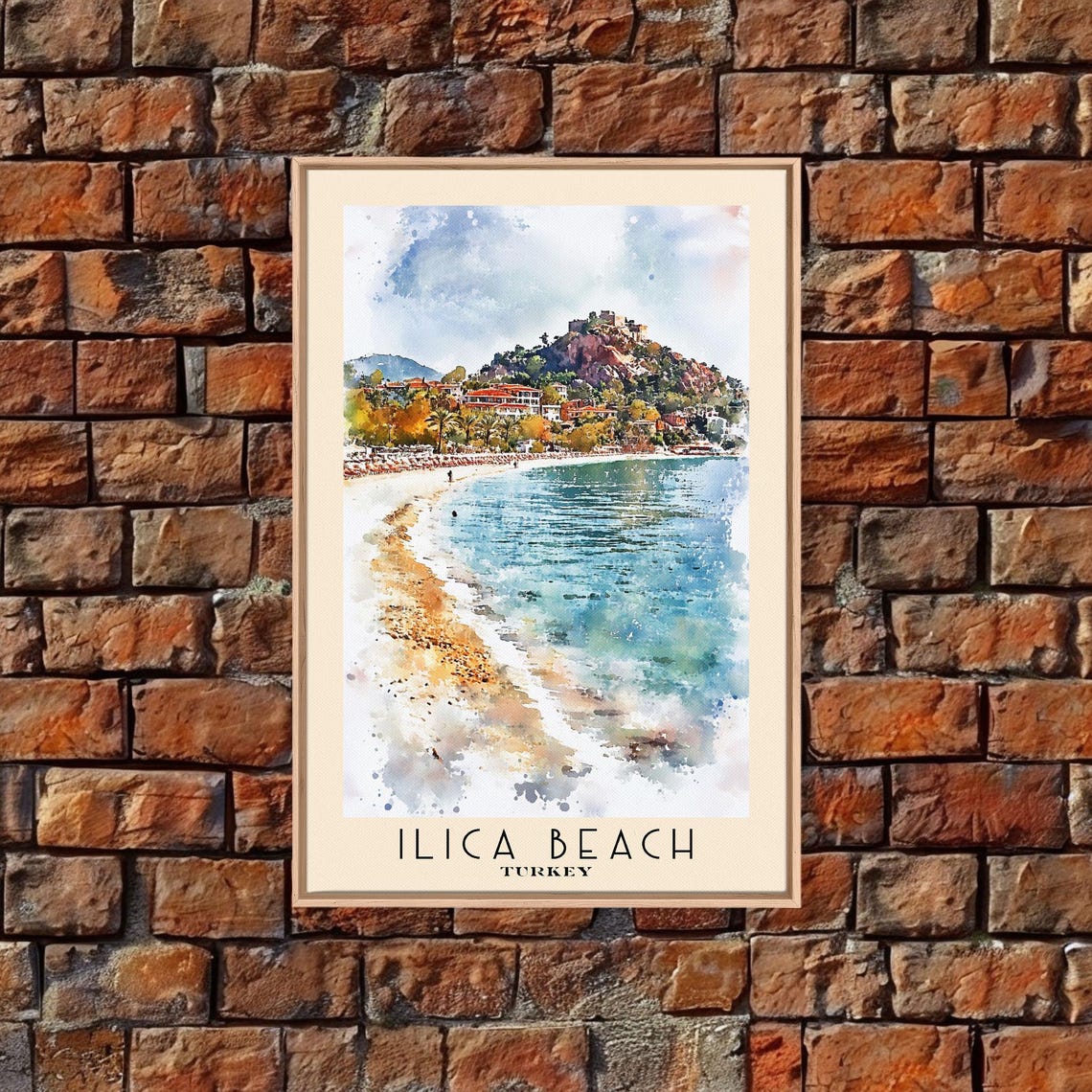 Ilica Beach Turkey Sandy Bay Castle Hill Watercolor Coastline Poster - Image 5