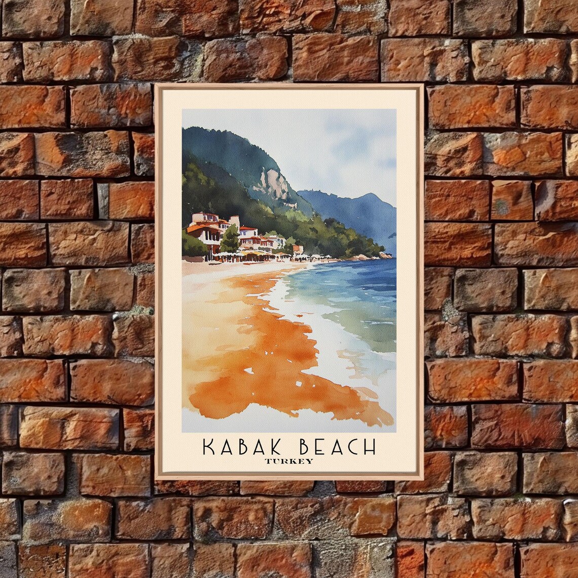 Kabak Beach Turkey Golden Sand Beach Cliff Town Blue Sea Watercolor Poster - Image 5