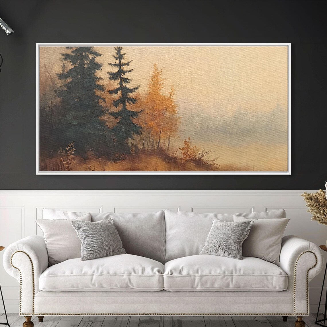 Autumn Watercolor Pines Golden Birch Foggy Morning Minimal Poster - Image 2
