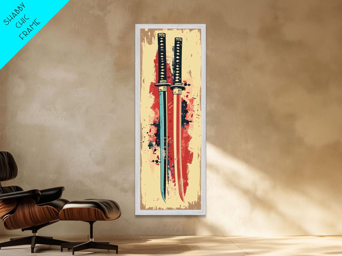 Pair Of Katana Swords With Red Ink Splash Japanese Pop Art Poster - Image 3