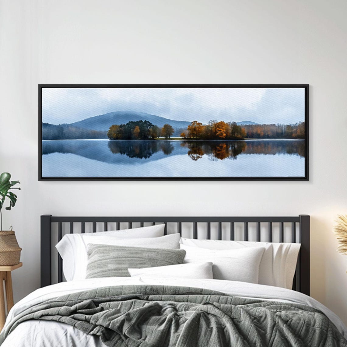 Calm Lake Mirror Reflection Misty Mountains Overcast Day Wall Art - Image 3
