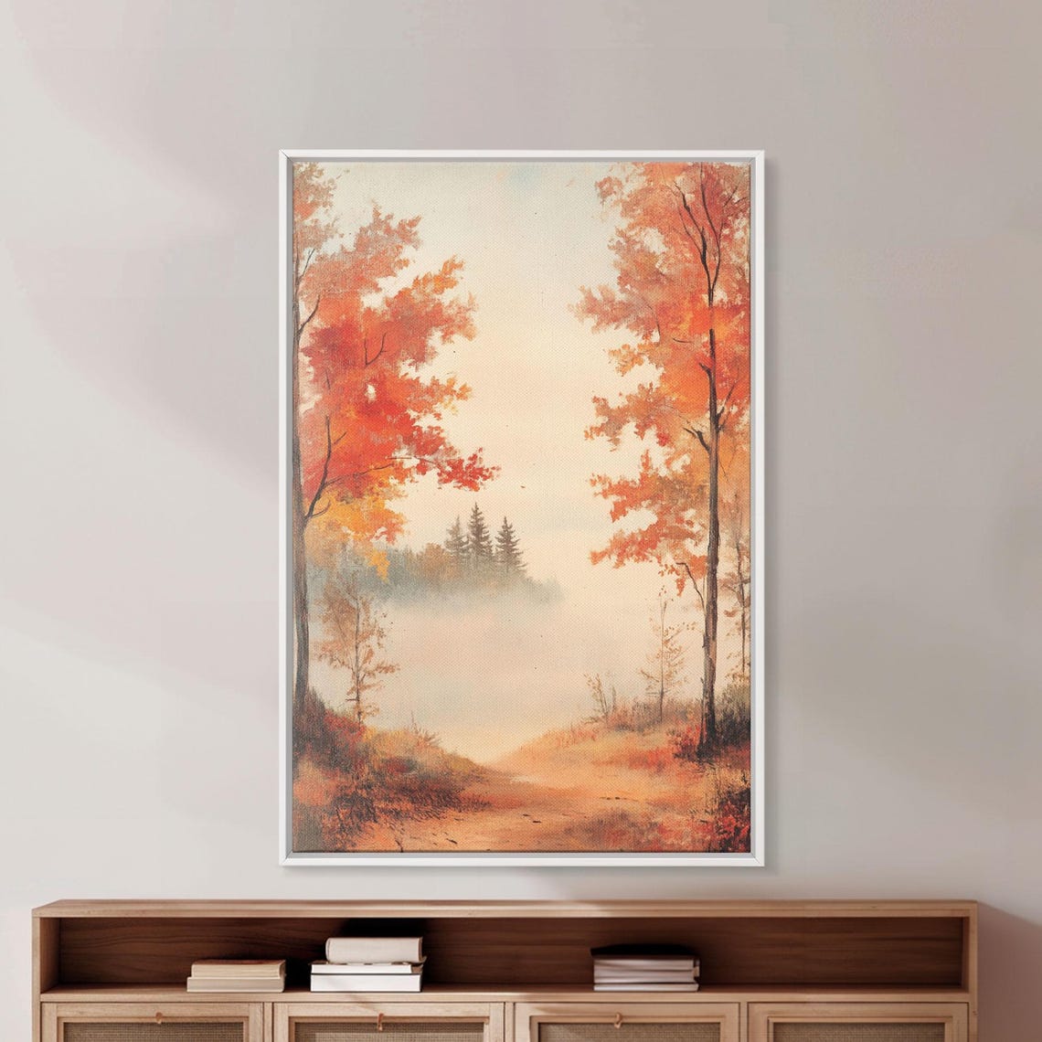 Misty Autumn Forest Path With Red Foliage Fall Landscape Art Poster - Image 2