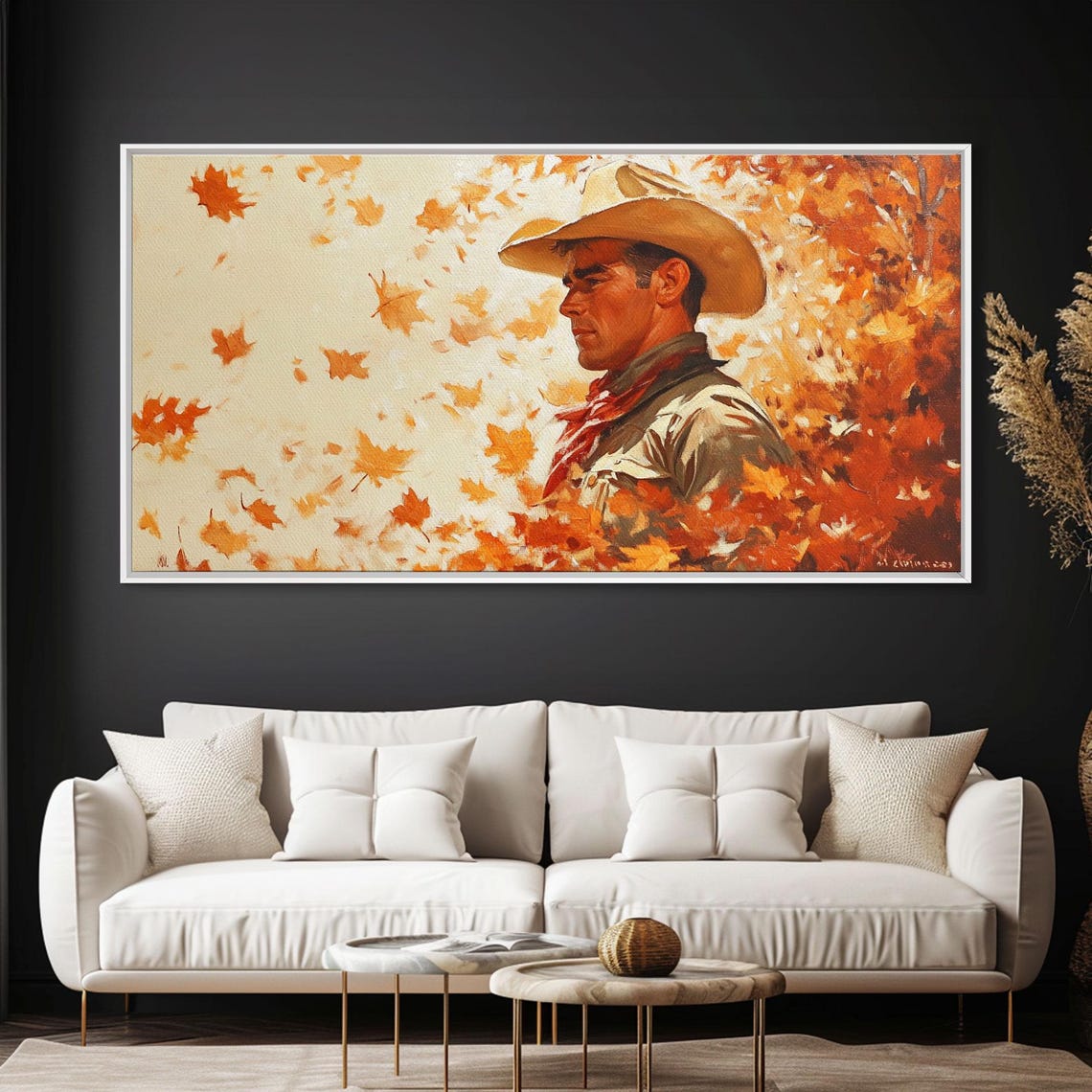 Vintage Cowboy Portrait Surrounded By Falling Autumn Leaves Print - Image 2