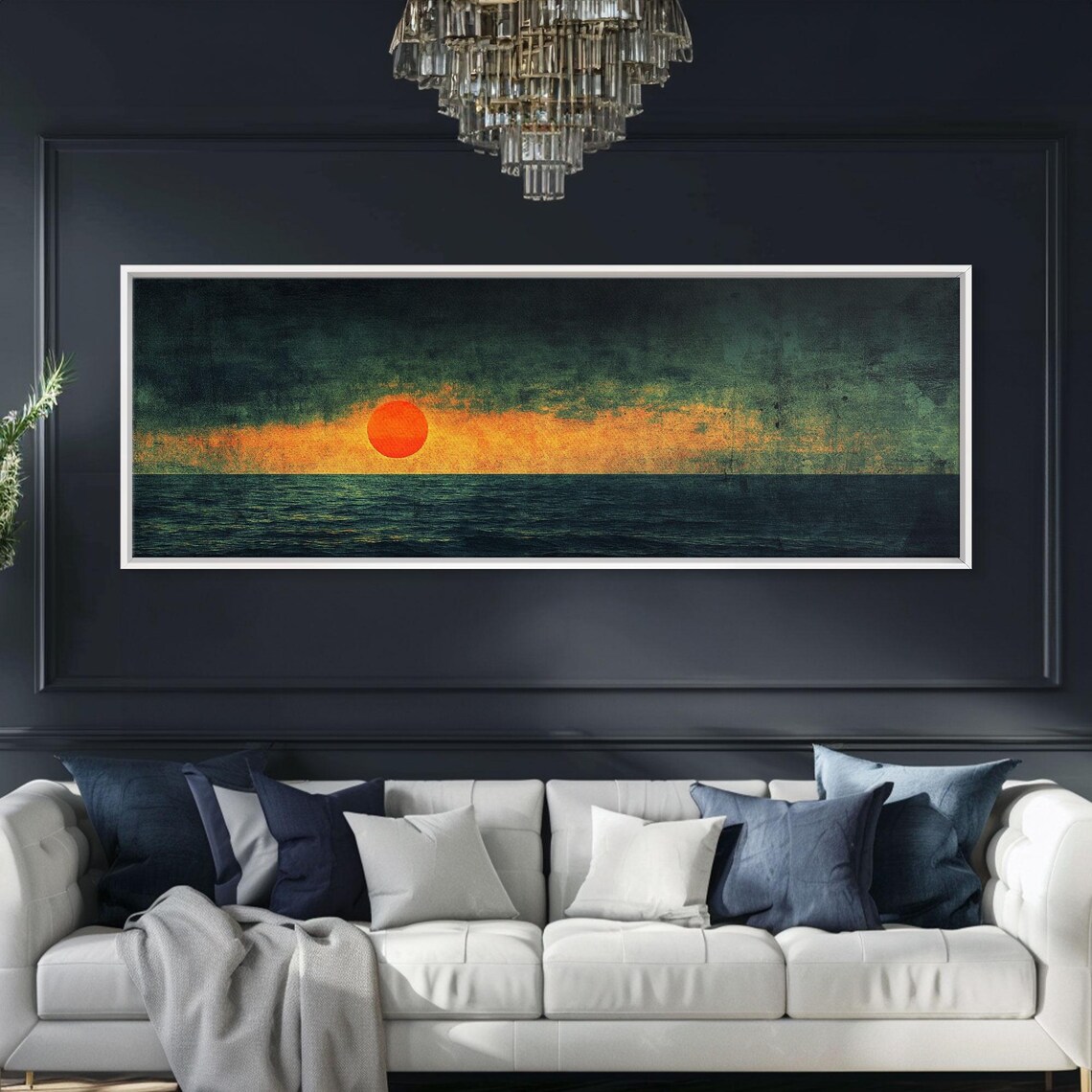 Moody Ocean Sunset Emerald Sea Big Orange Sun Panoramic Art Print - Image 2