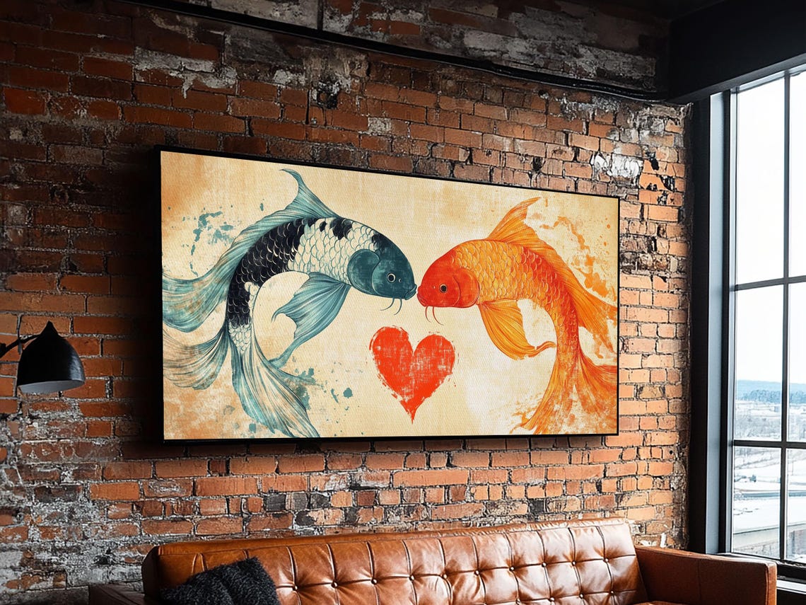 Two Koi Fish Facing Red Heart Love Watercolor Painting Couples Print - Image 4