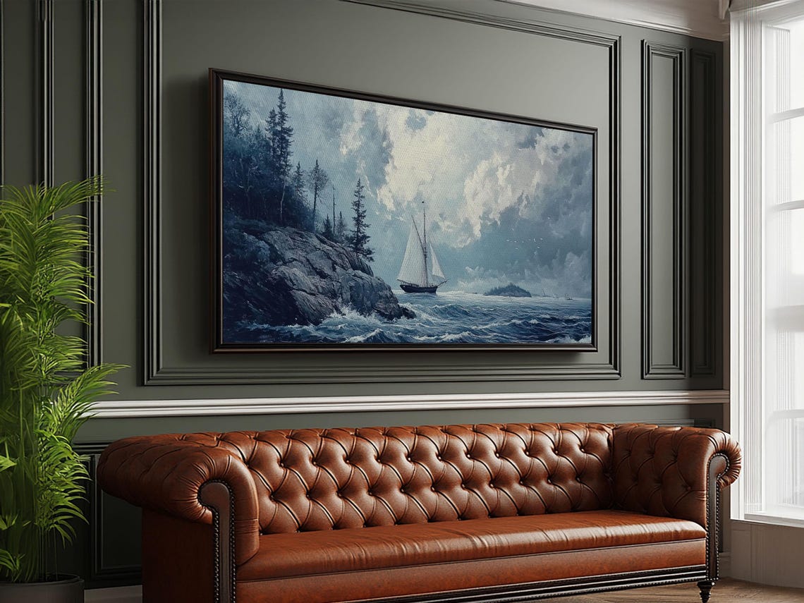 Tall Ship Off Rocky Pine Coast Moody Blue Seascape Painting Print - Image 4