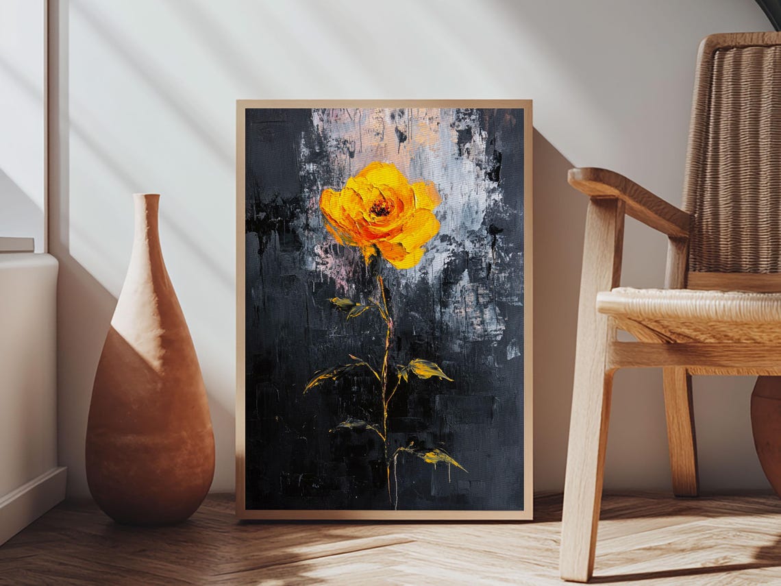 Yellow Rose On Dark Background Bold Abstract Floral Modern Art Poster - Image 3