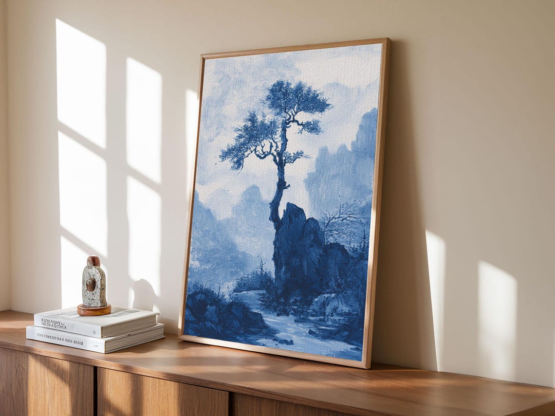 Blue White Chinoiserie Pine Tree Cliff Mountain Misty Asian Art Poster - Image 5