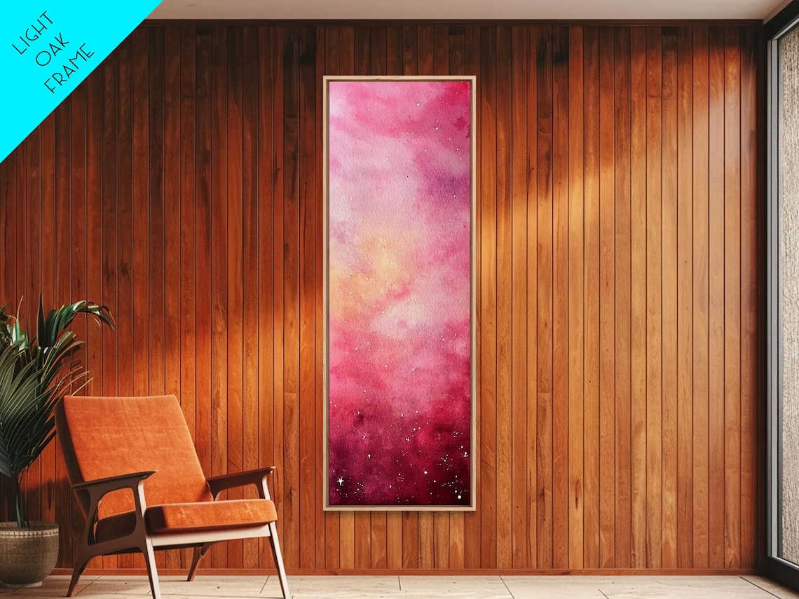 Pink Starry Night Watercolor Abstract Vertical Tall Skinny Bedroom Wall Art - Image 3