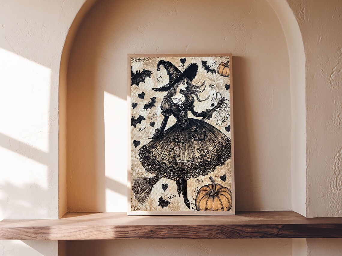 Witch In Lace Dress Flying Broom Vintage Gothic Halloween Pumpkin Art Poster - Image 2