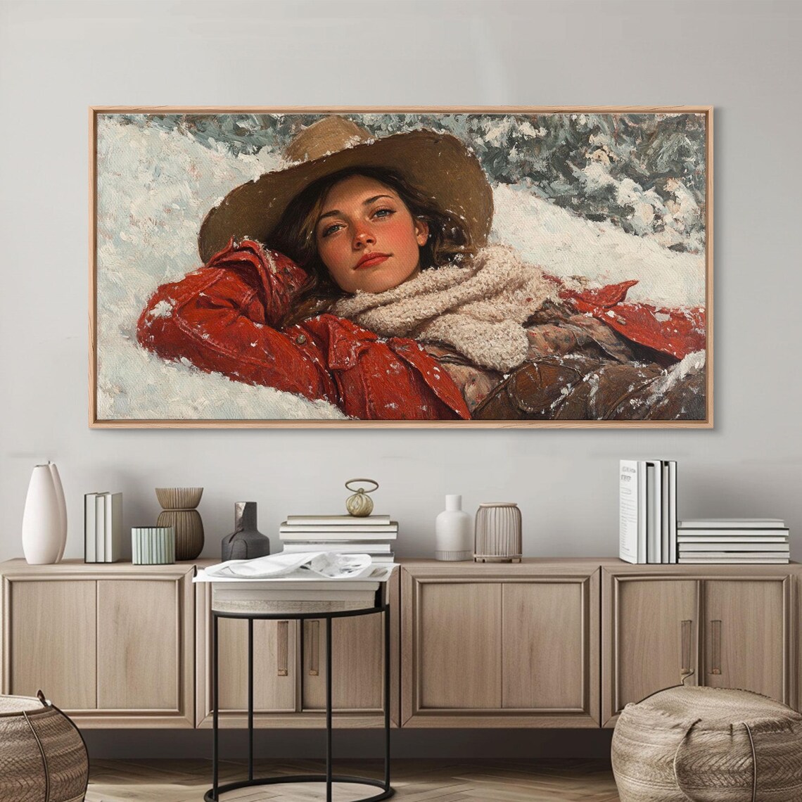 Cowgirl Lying In Snow In Red Jacket Peaceful Winter Portrait Poster - Image 3