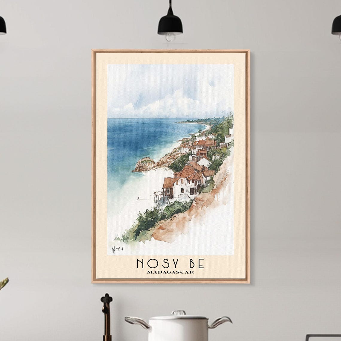 Nosy Be Madagascar Red Roof Coastal Town Cliffside Watercolor Poster - Image 6