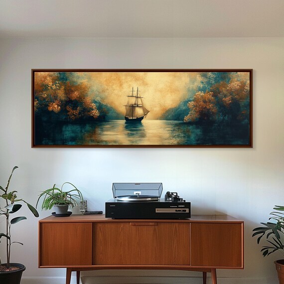 Pirate Ship In The Bay Fantasy Painting Print Wood Framed Wall Art Boys Room Decor Idea Gift Idea Man Cave Wall Art