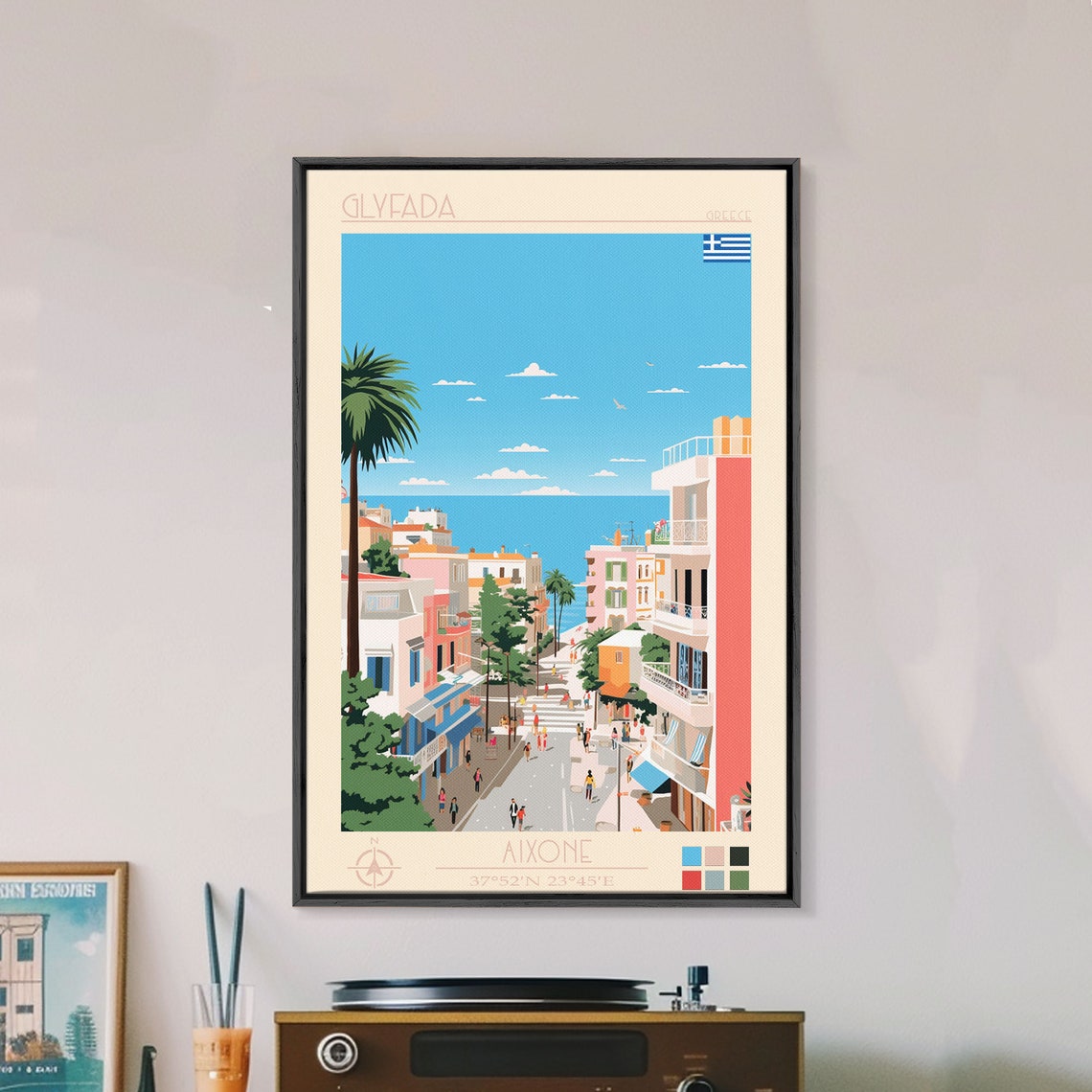Glyfada Greece Coastal Street Palm Trees Blue Sea View Poster - Image 5
