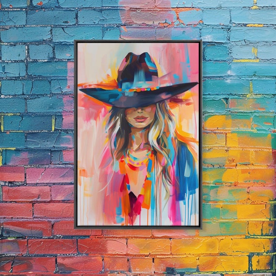 Modern Cowgirl In Hat Art Framed Print Stylish Bedroom Wall Art Vibrant Living Room Decor Contemporary Cowgirl Portrait