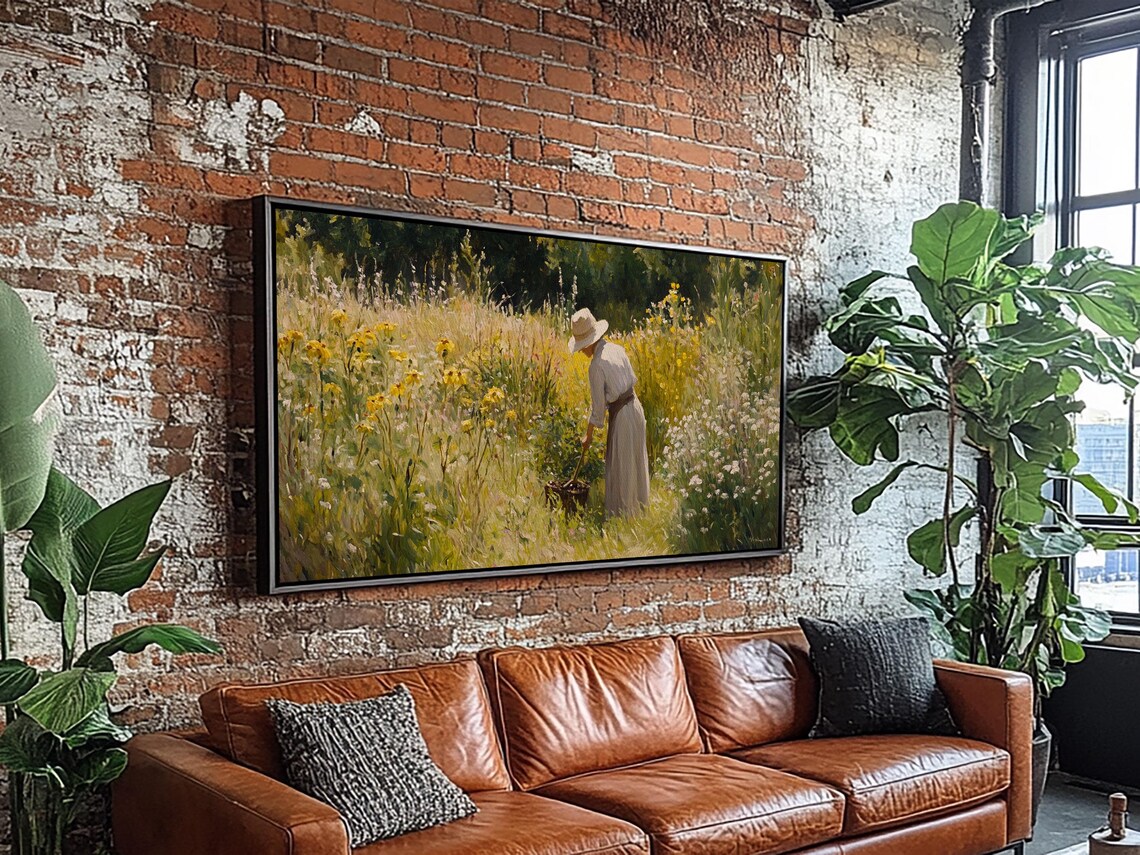 Victorian Woman Picking Wildflowers Sunlit Garden Oil Painting Print - Image 5