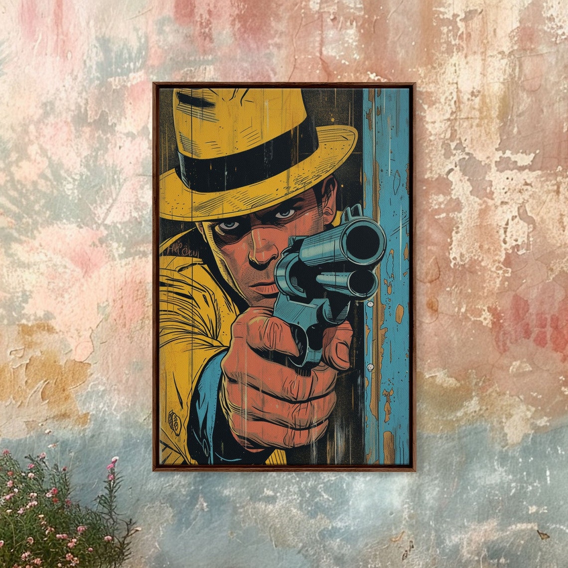 Hardboiled Detective Yellow Fedora Revolver Pulp Noir Comic Wall Art