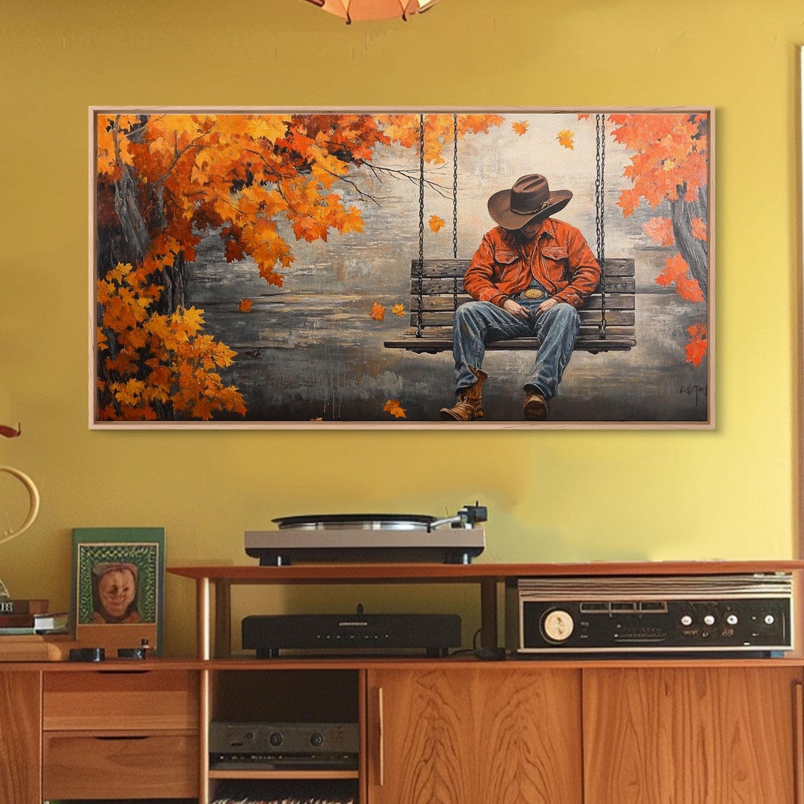 Cowboy Resting On A Porch Swing Beneath Autumn Trees Art Print - Image 4