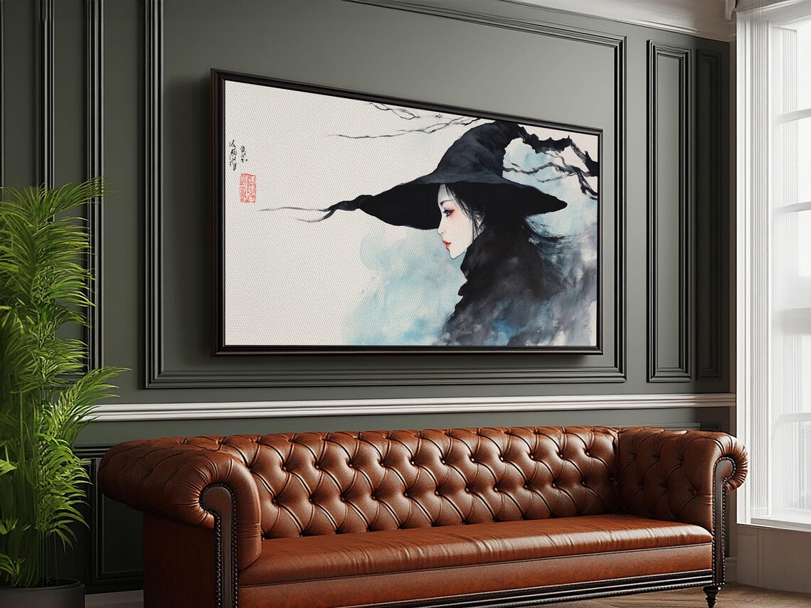 Japanese Witch Portrait Watercolor Ink Wash Bats Wide Brim Hat Artwork Poster - Image 6