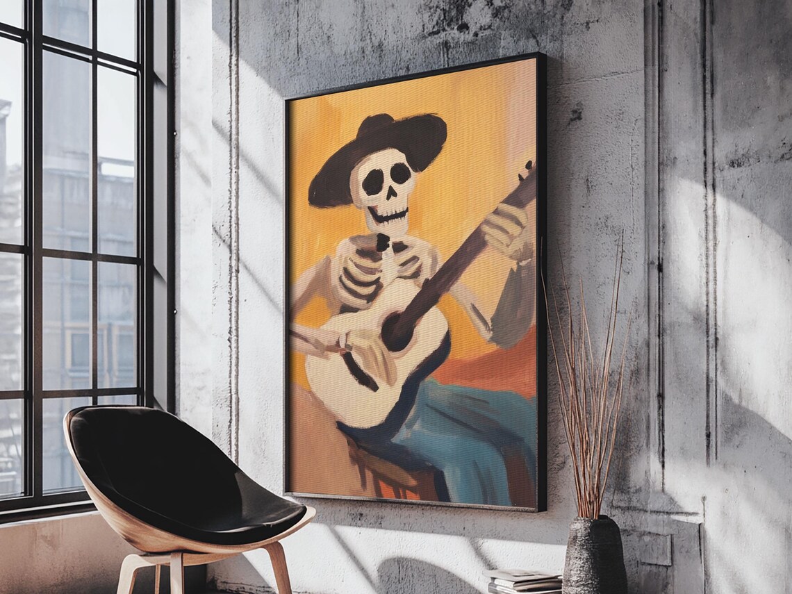 Skeleton Cowboy Playing Guitar Folk Art Warm Yellow Day Of Dead Art Poster - Image 5