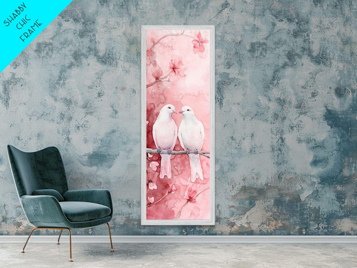 White Lovebirds On Cherry Blossom Branch Pink Romantic Wall Art - Image 6