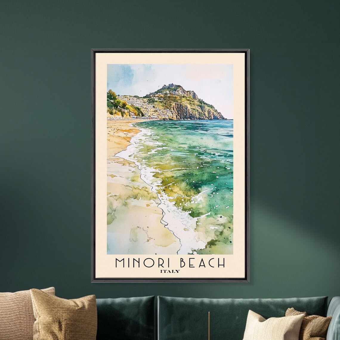 Minori Beach Italy Amalfi Coast Hillside Town Turquoise Watercolor Poster - Image 5
