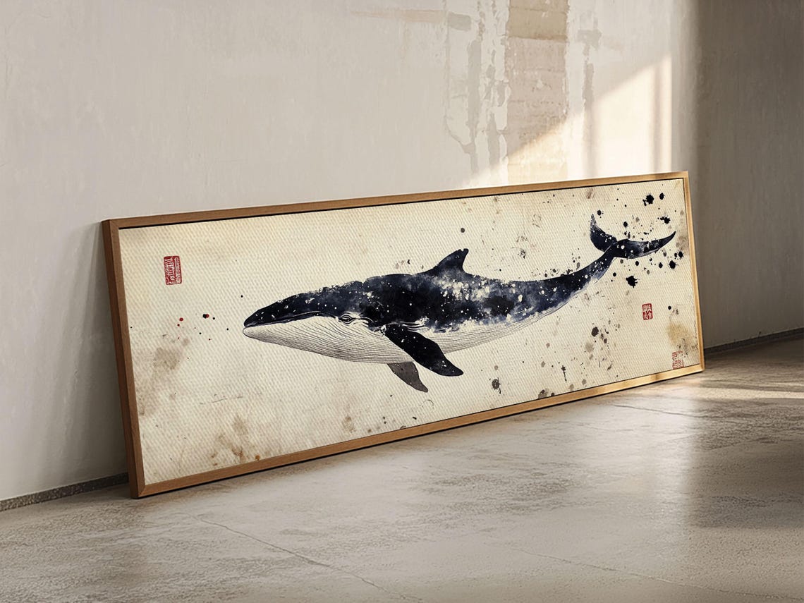 Japanese Ink Whale Watercolor Panoramic Minimalist Ocean Wall Poster - Image 3