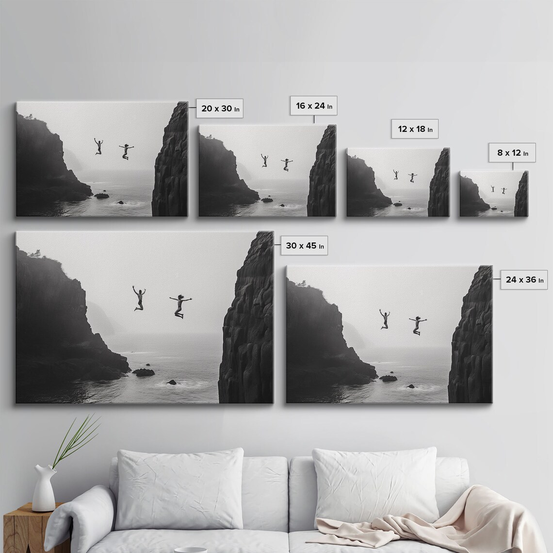 Black White Cliff Jumpers Ocean Mist Dramatic Minimalist Seascape Photography Print - Image 2