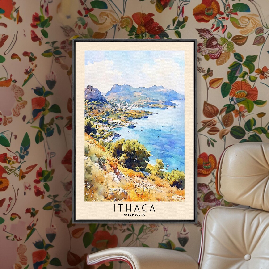 Ithaca Greece Bay Hillside Golden Autumn Coast Watercolor Travel Poster - Image 2