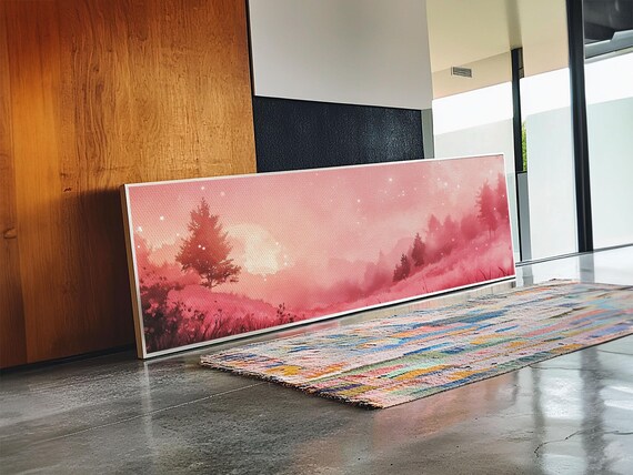 Misty Pink Landscape Print Forest At Dusk Painting Light Pink Wall Art Smoky Mountain Art Panoramic Art Bedroom Decor Gift