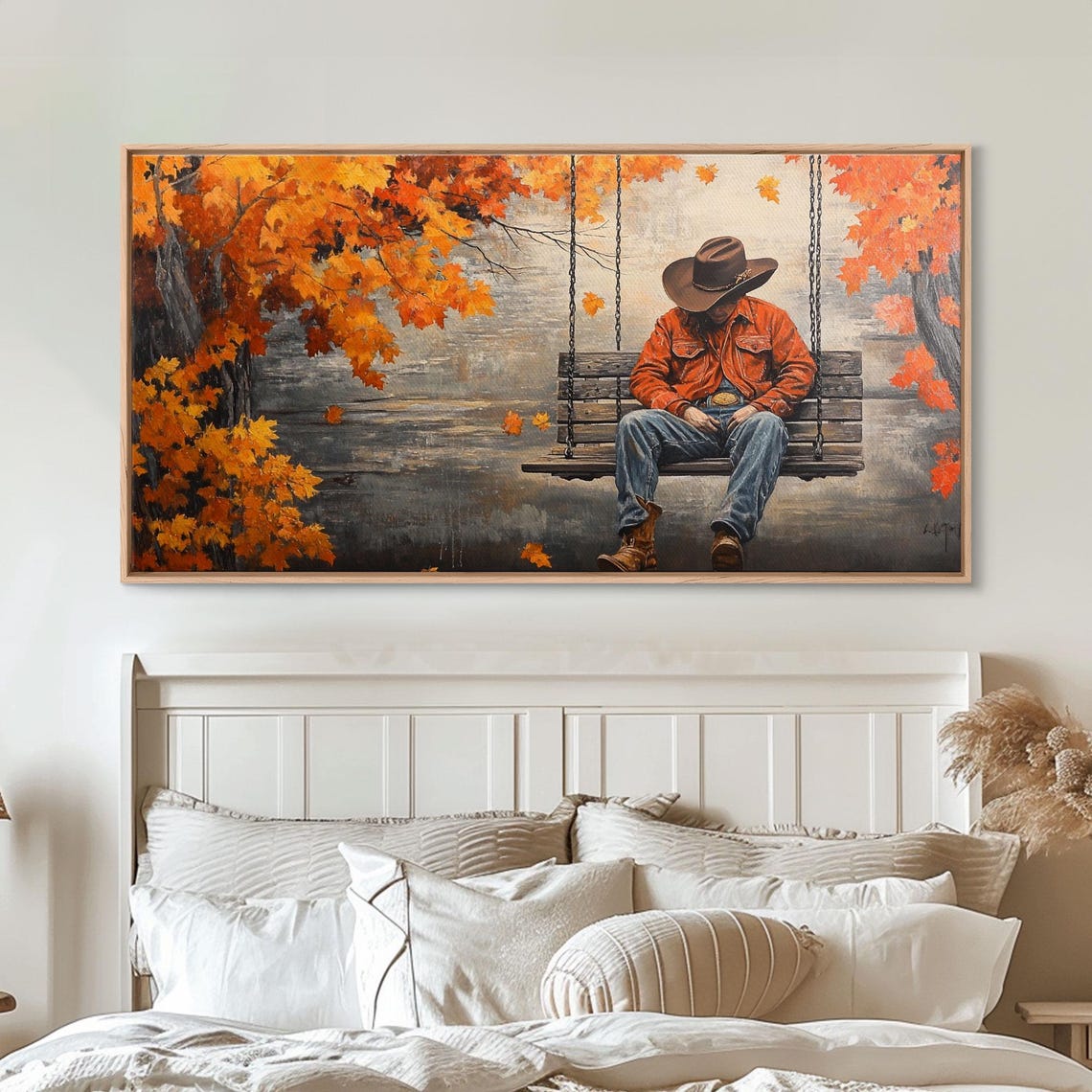 Cowboy Resting On A Porch Swing Beneath Autumn Trees Art Print - Image 6