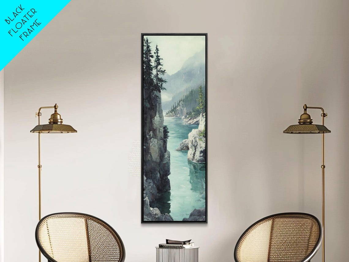 Misty Fjord Turquoise Water Rocky Cliffs Pine Landscape Print - Image 2