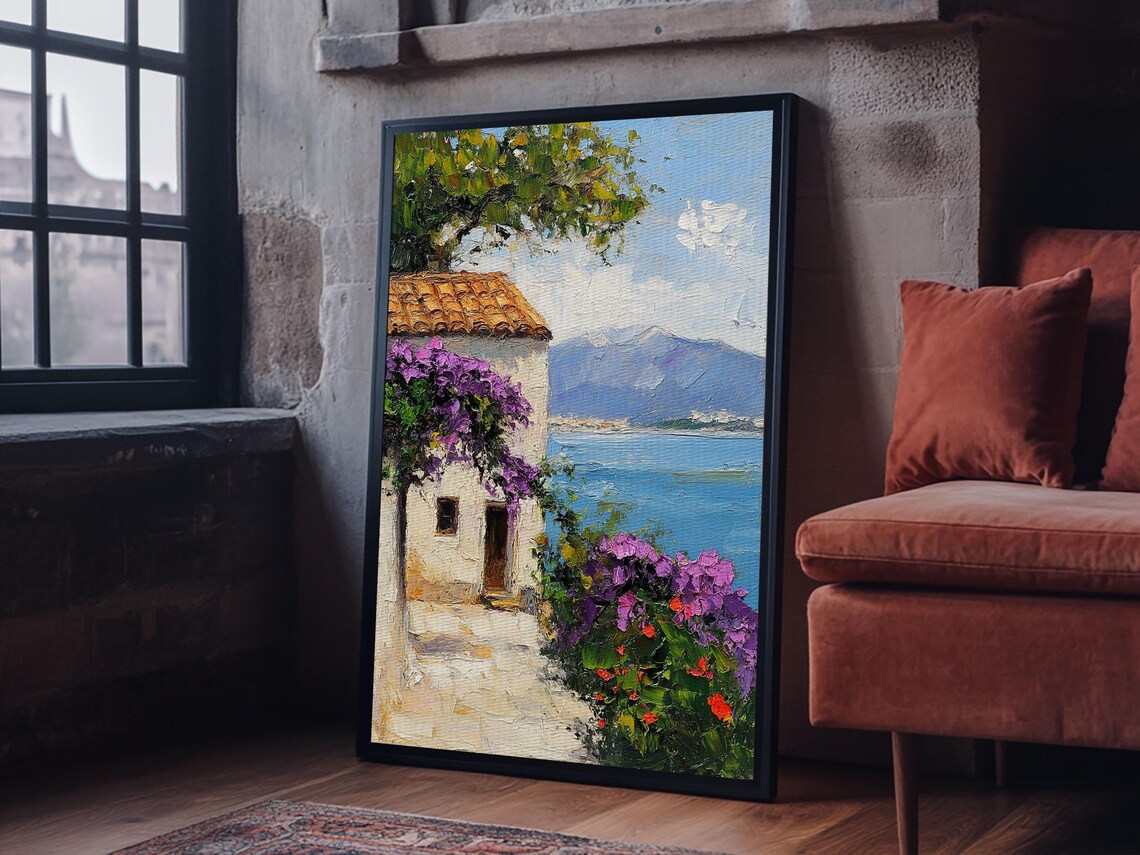 Italian Coastal Villa Sea View Bougainvillea Mediterranean Oil Print - Image 4