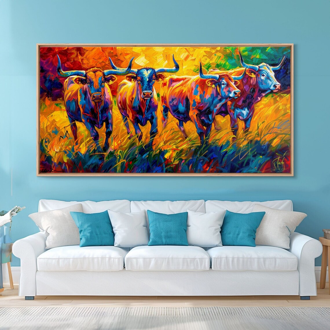 Longhorn Cattle Herd Walking In Golden Grass Fiery Impasto Art Poster - Image 2