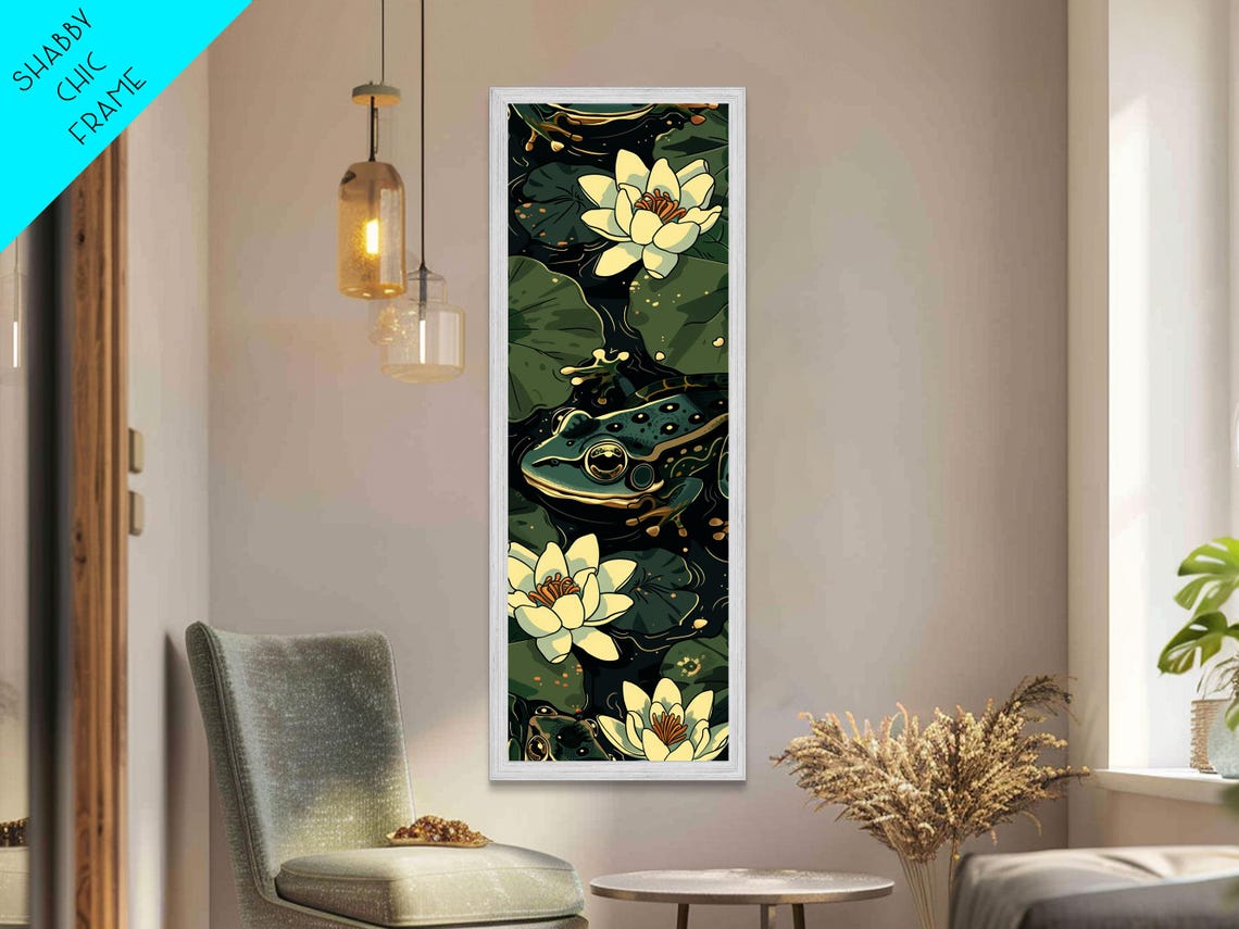 Green Frog Water Lilies Dark Pond Japanese Style Tall Art Poster - Image 5
