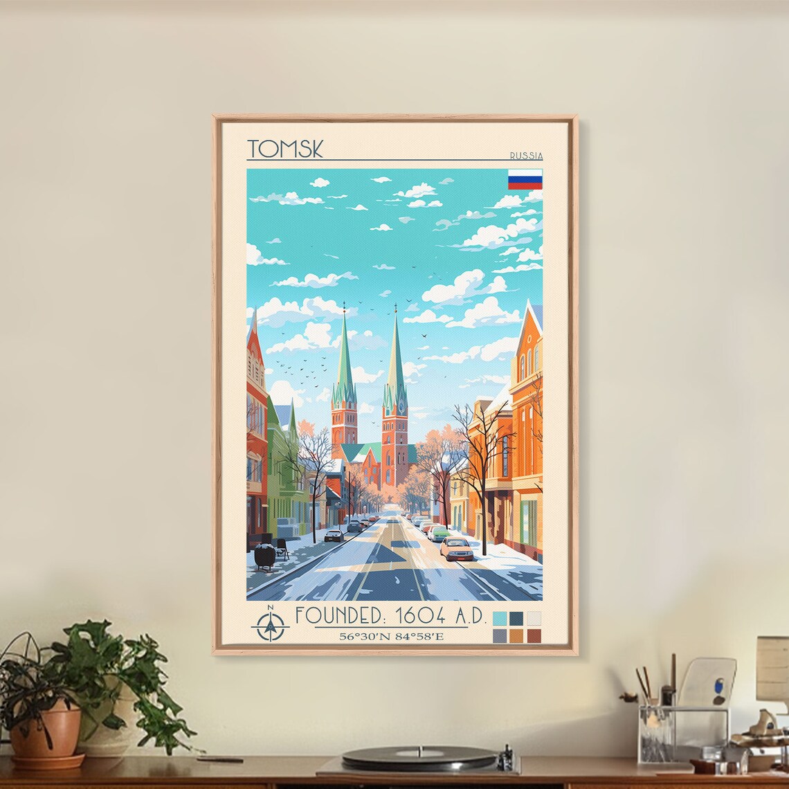 Tomsk Russia Snowy Winter Street Twin Spire Church View Travel Poster - Image 2