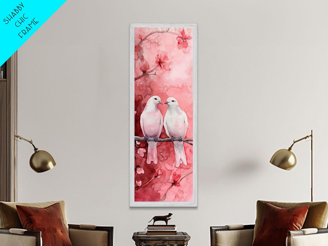 White Lovebirds On Cherry Blossom Branch Pink Romantic Wall Art - Image 2