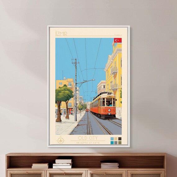 Izmir Turkey Travel Poster Framed Print Midcentury Modern Art Pop Art Decor Living Room Wall Art Vacation Gift Home Decoration