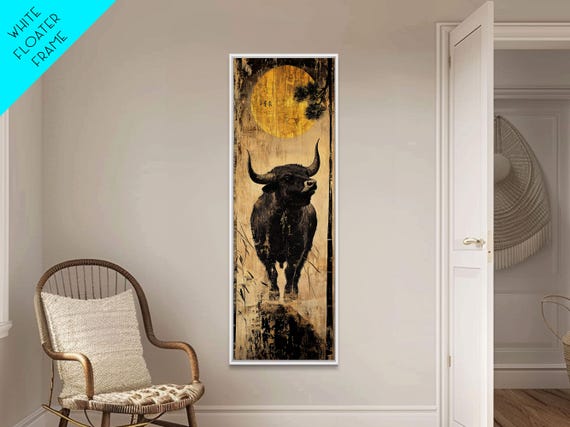 Bull Moonlight Scene, Rustic Farmhouse Wall Art Print
