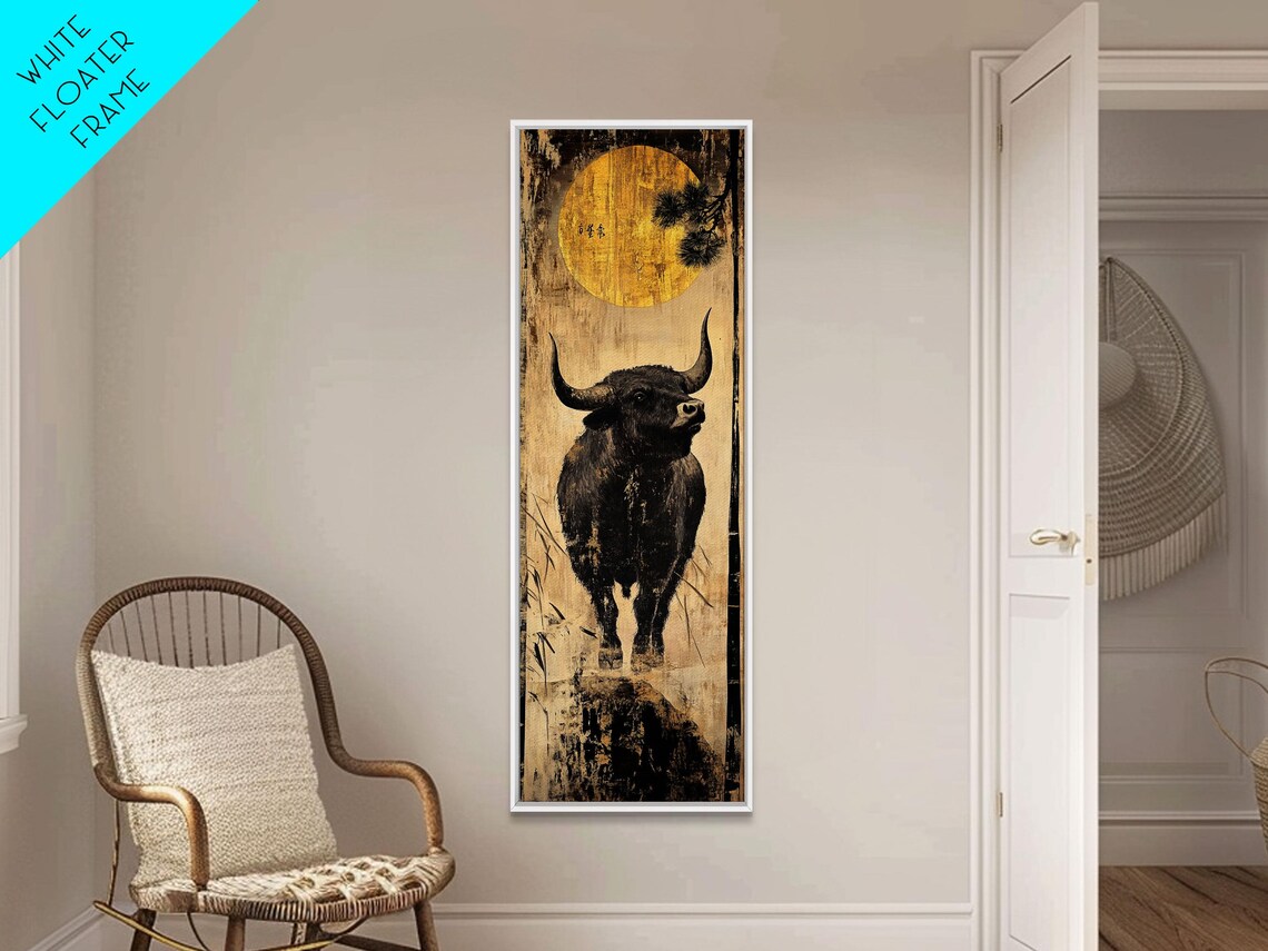 Bull Moonlight Scene, Rustic Farmhouse Wall Art Print
