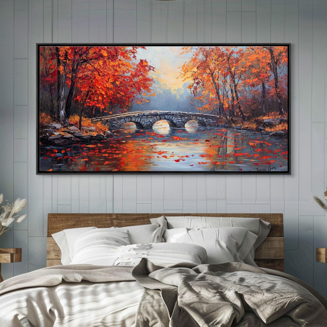 Autumn River Stone Bridge Triple Arch Red Trees Impasto Wall Art - Image 3