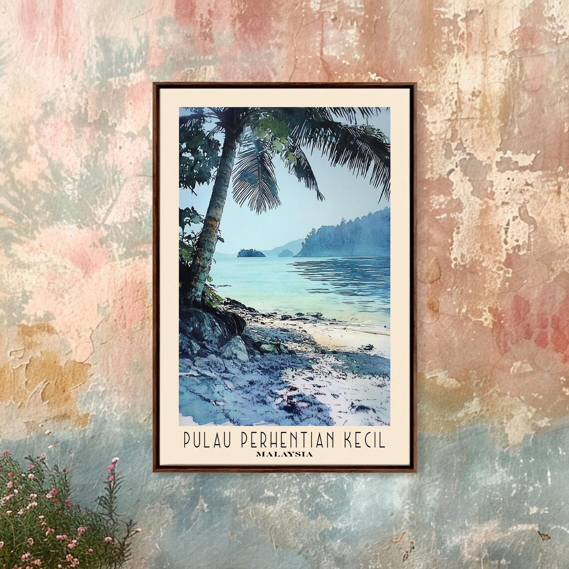 Pulau Perhentian Kecil Malaysia Palm Framed Shore Watercolor Travel Poster